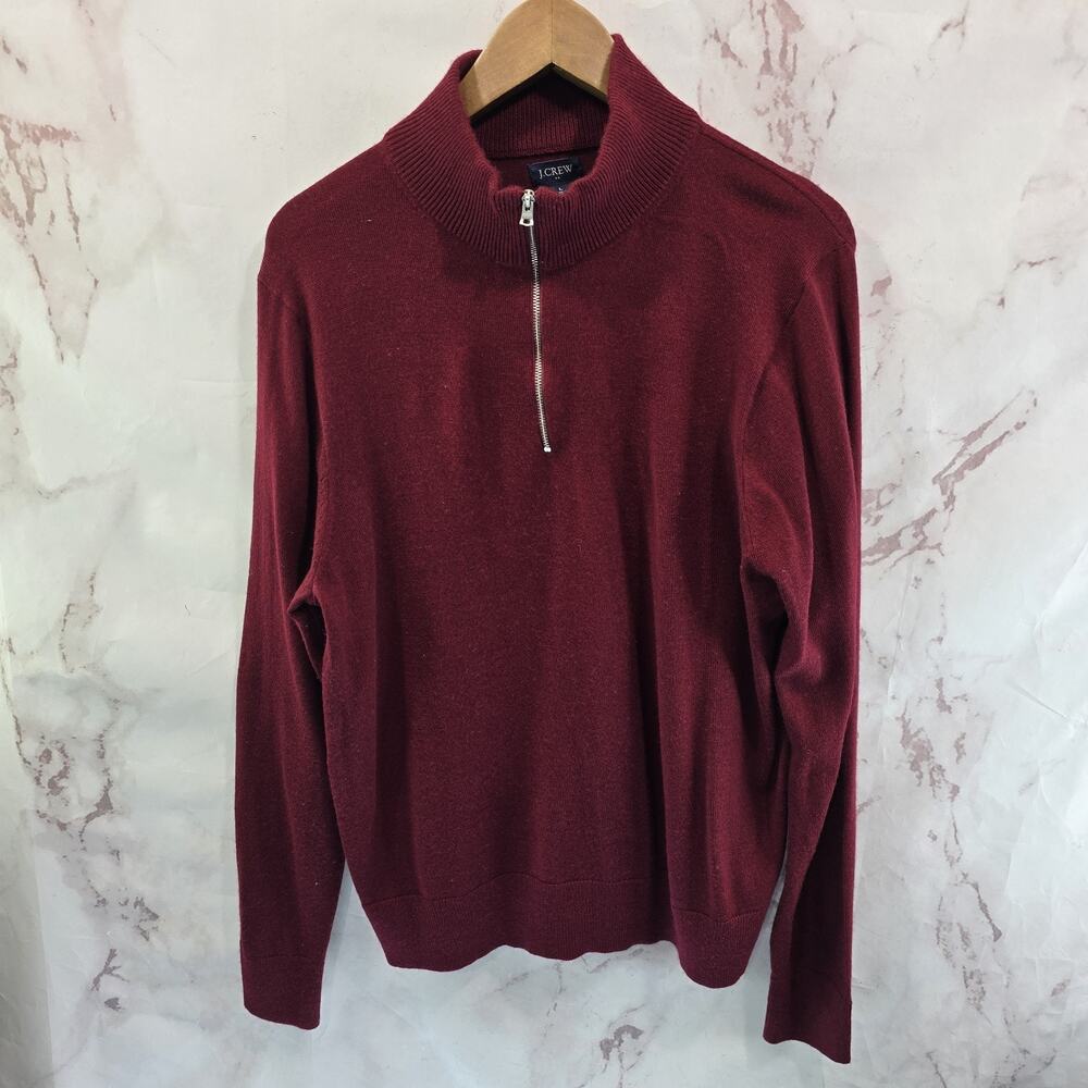 J Crew Sweater Mens Large Red Merino Wool Blend Mock Neck Half Zip Maroon